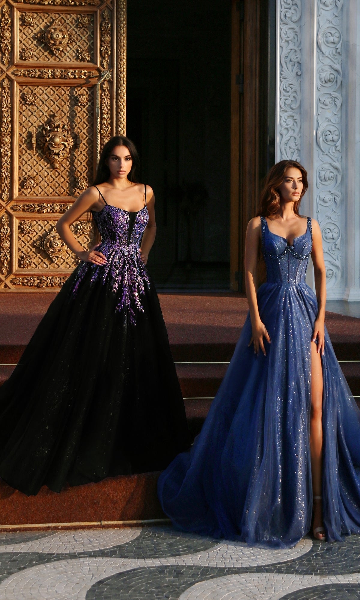 Two women stand before ornate doors in glamorous ball gowns—one wears the Long Formal Dress: Tina Holly TE216B, a shimmering blue gown with a high-leg slit; the other wears a glitter tulle ball gown in black with purple accents.
